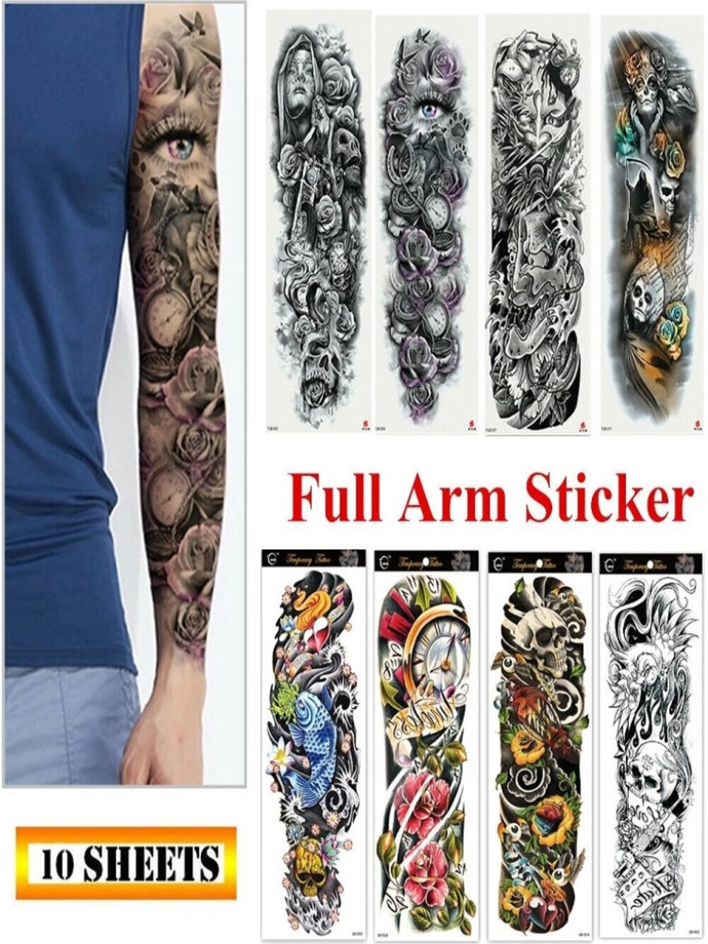 10 Sheets Full Arm Temporary Tattoo Sleeves | Waterproof Black & Color Designs